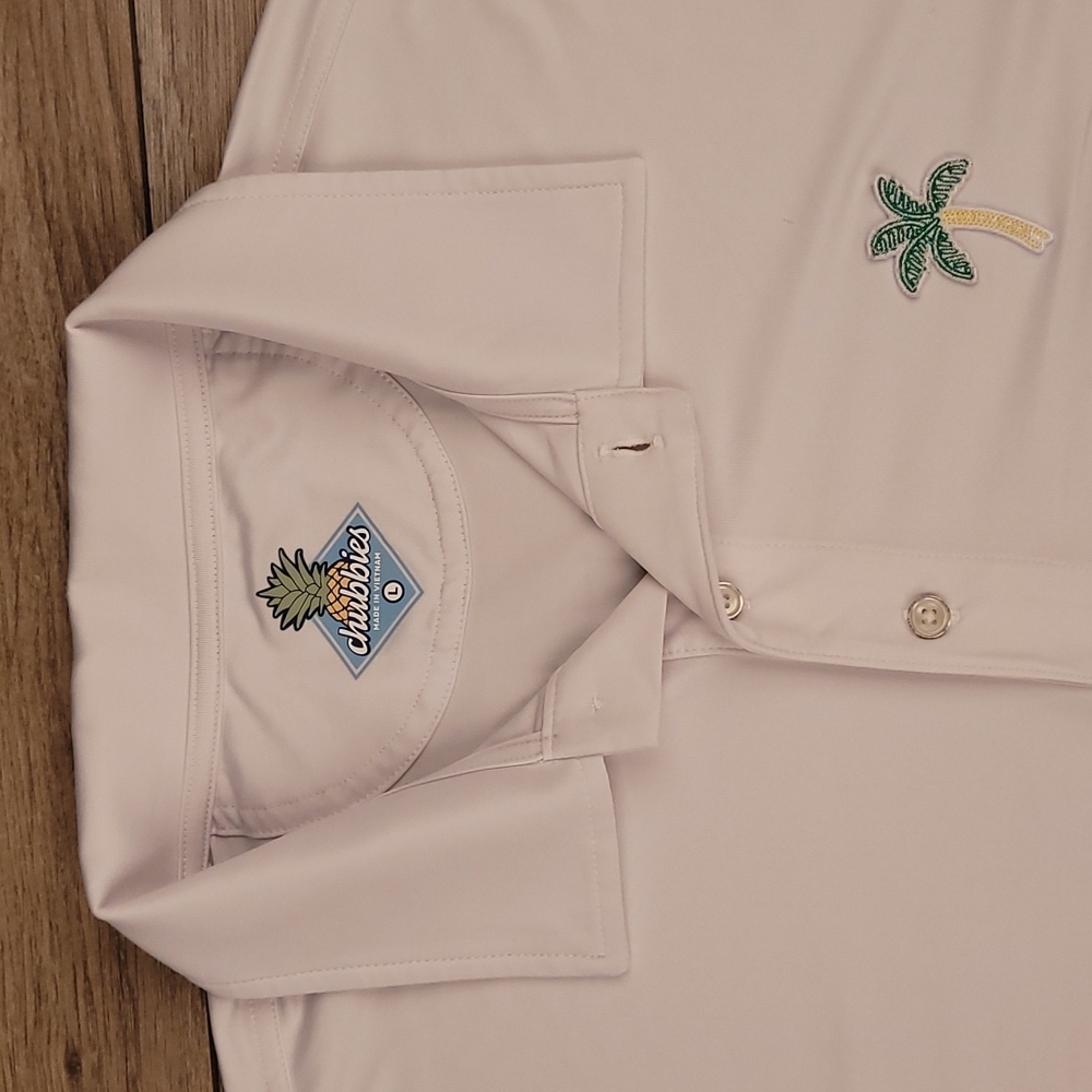 CHUBBIES Solid White Palm Tree Pattern Summer Large Polo Mens Short Sleeve Shirt